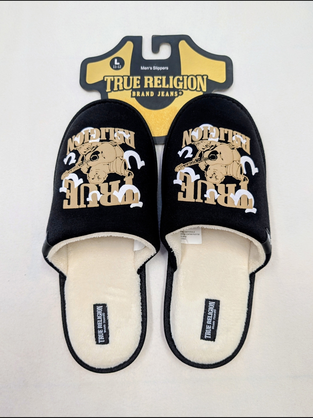 True Religion Men's Black Logo Slippers White Plush Lining NWT Size 11-12
